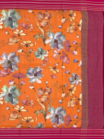 Elegant Orange Floral Digital Print Cotton Kota Saree