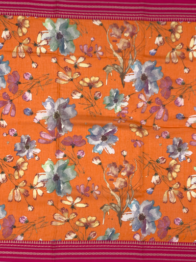 Elegant Orange Floral Digital Print Cotton Kota Saree