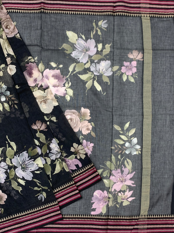 Elegant Black Floral Cotton Kota Saree