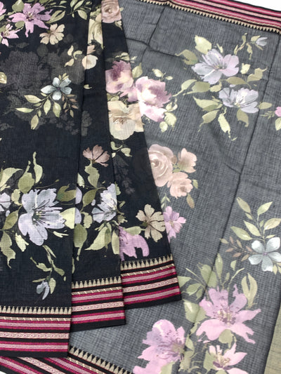 Elegant Black Floral Cotton Kota Saree