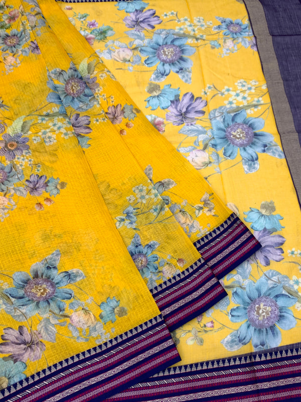 Vibrant Sunflower Yellow Floral Cotton Kota Saree