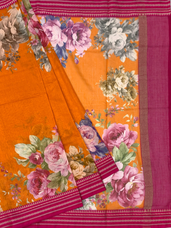 Orange Floral Cotton Kota Saree