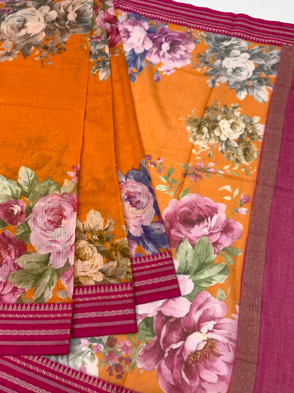 Orange Floral Cotton Kota Saree