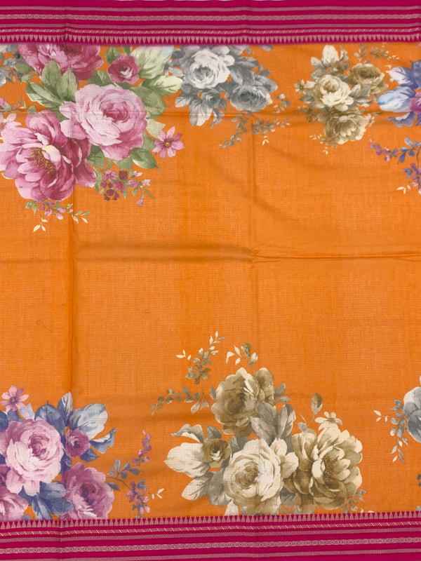 Orange Floral Cotton Kota Saree