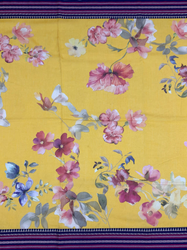 Digital Printed Floral Yellow Cotton Kota Saree