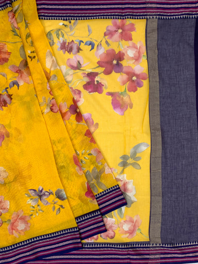Digital Printed Floral Yellow Cotton Kota Saree