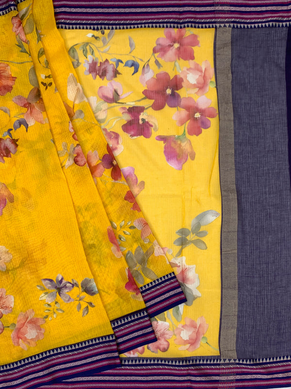 Digital Printed Floral Yellow Cotton Kota Saree