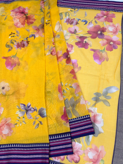 Digital Printed Floral Yellow Cotton Kota Saree