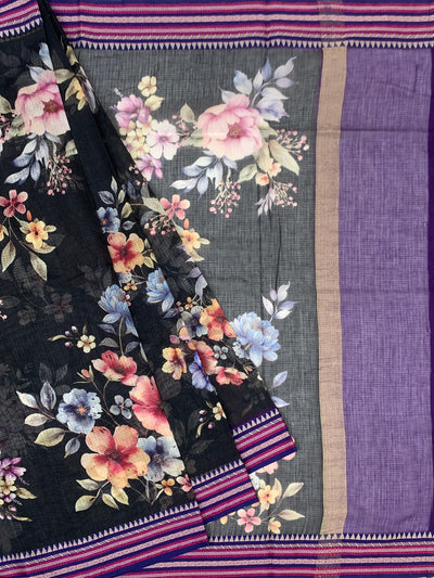 Elegance in Grey: Floral Printed Kota Doria Saree