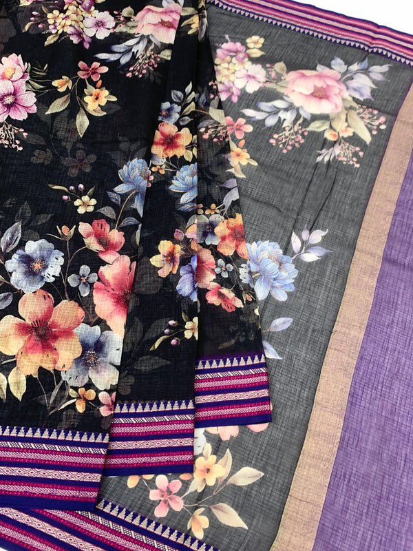 Elegance in Grey: Floral Printed Kota Doria Saree