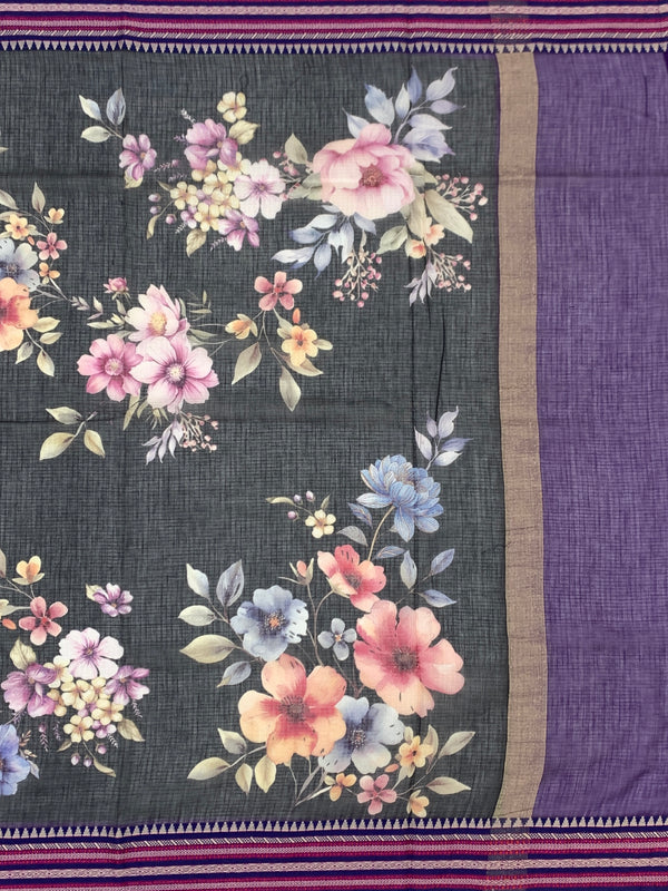 Elegance in Grey: Floral Printed Kota Doria Saree