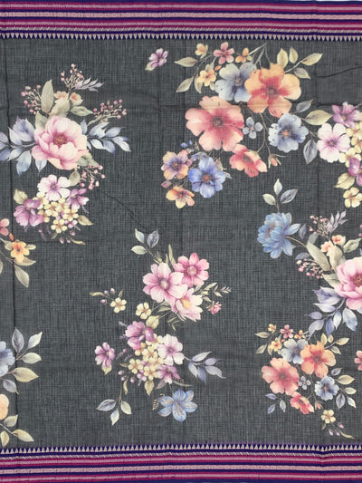 Elegance in Grey: Floral Printed Kota Doria Saree