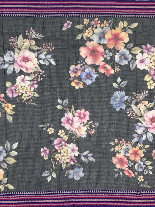Elegance in Grey: Floral Printed Kota Doria Saree