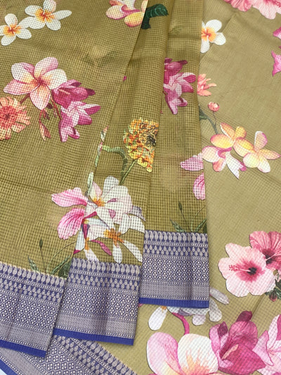 Mustard Floral Printed Kota Doria Saree