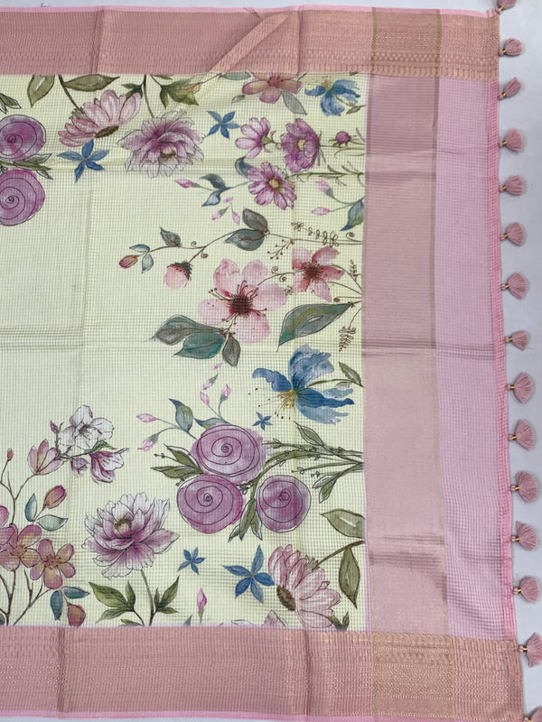 Printed Floral Kota Saree Light Lemon-Yellow In Colour