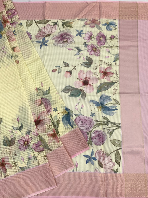 Printed Floral Kota Saree Light Lemon-Yellow In Colour