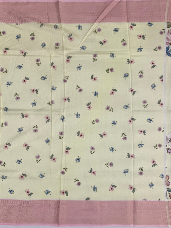 Printed Floral Kota Saree Light Lemon-Yellow In Colour