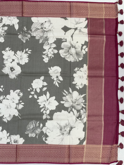 Elegance in Grey: Floral Printed Kota Doria Saree