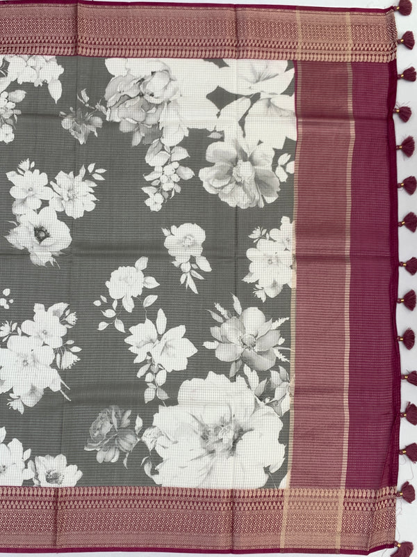 Elegance in Grey: Floral Printed Kota Doria Saree