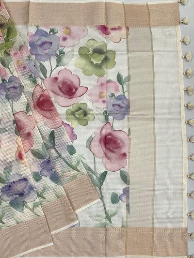 Half-White Printed Floral Kota Saree