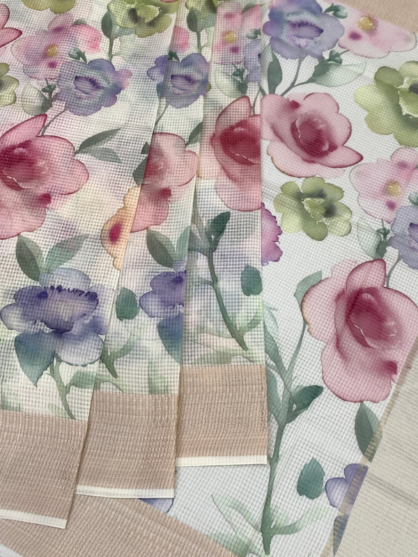 Half-White Printed Floral Kota Saree
