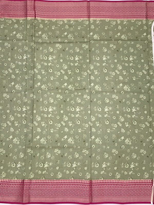 Sage Green Floral Printed Kota Doria Saree