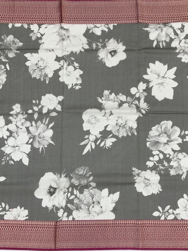 Elegance in Grey: Floral Printed Kota Doria Saree
