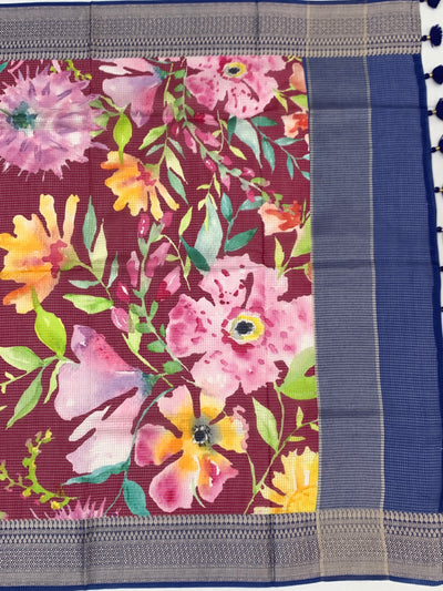 Floral Symphony: Maroon Printed Kota Doria Saree