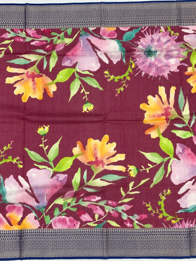 Floral Symphony: Maroon Printed Kota Doria Saree