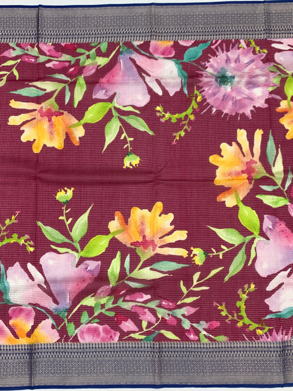 Floral Symphony: Maroon Printed Kota Doria Saree