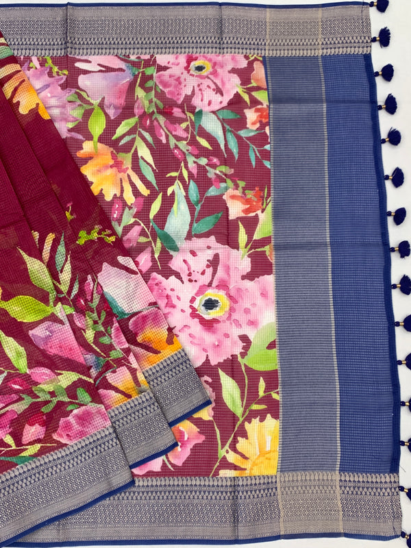 Floral Symphony: Maroon Printed Kota Doria Saree