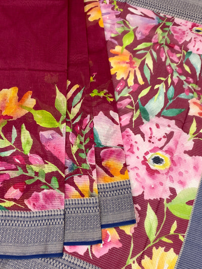 Floral Symphony: Maroon Printed Kota Doria Saree