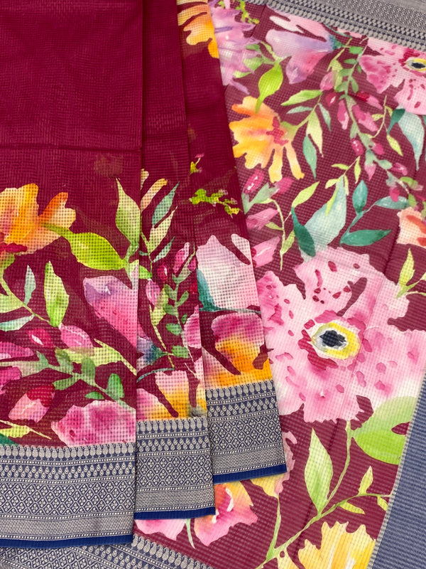 Floral Symphony: Maroon Printed Kota Doria Saree