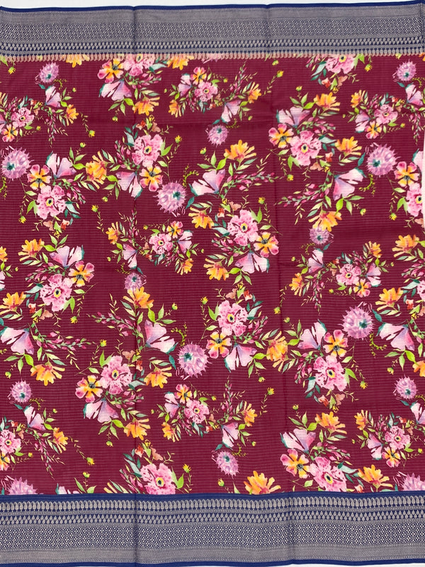 Floral Symphony: Maroon Printed Kota Doria Saree