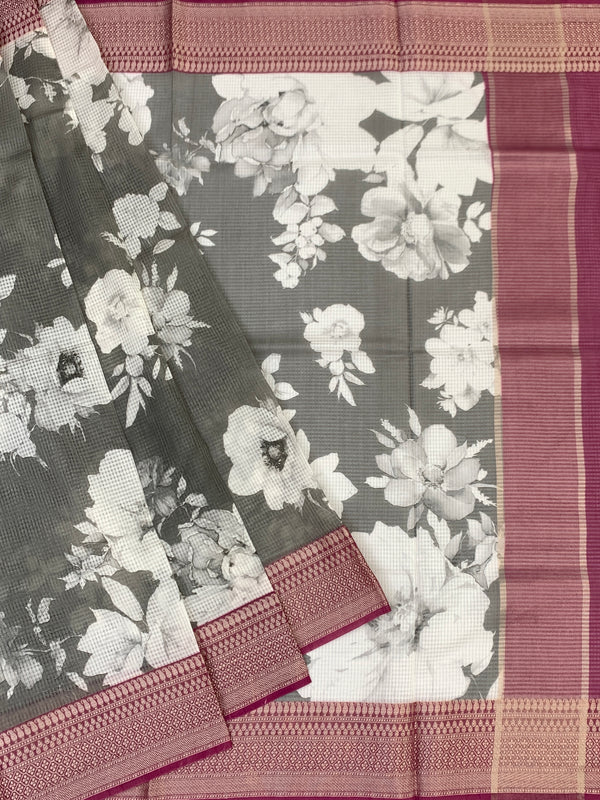 Elegance in Grey: Floral Printed Kota Doria Saree