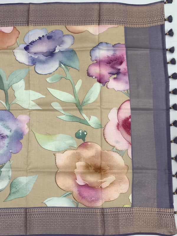 Kota Doria Saree In Beige base with Lavender and Grey accents
