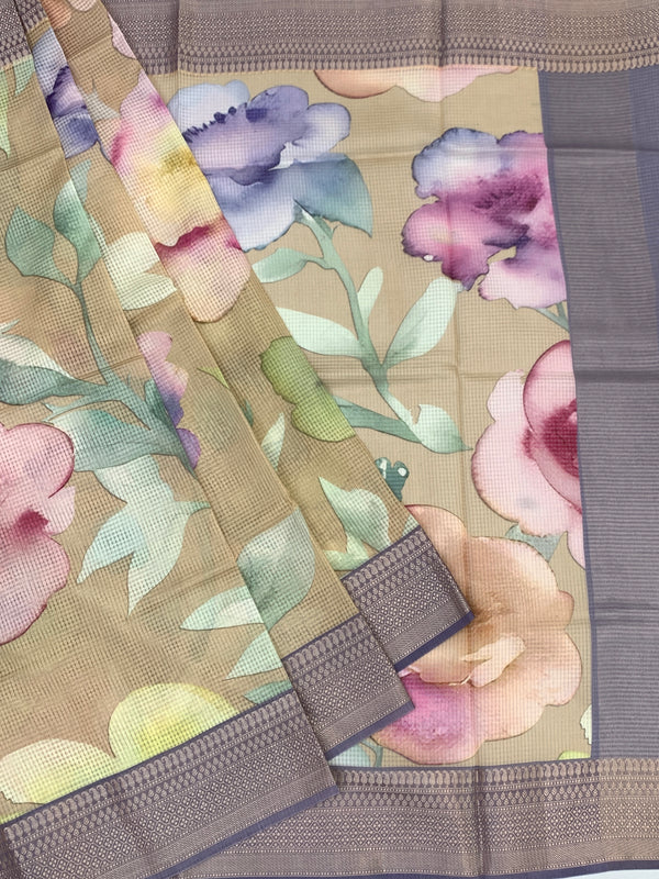 Kota Doria Saree In Beige base with Lavender and Grey accents