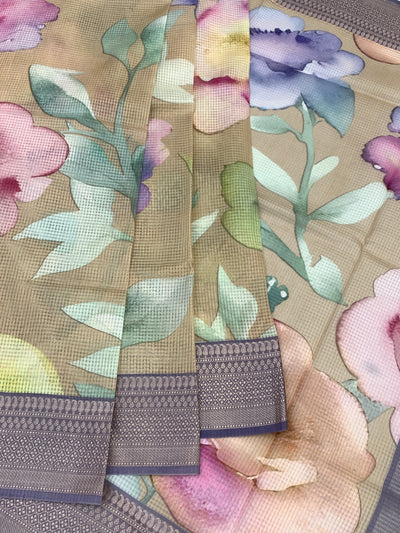 Kota Doria Saree In Beige base with Lavender and Grey accents