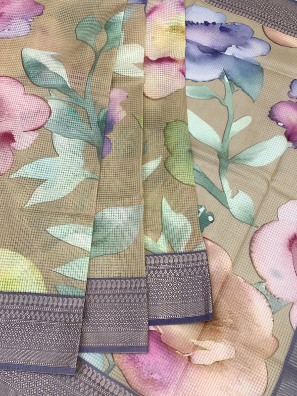 Kota Doria Saree In Beige base with Lavender and Grey accents