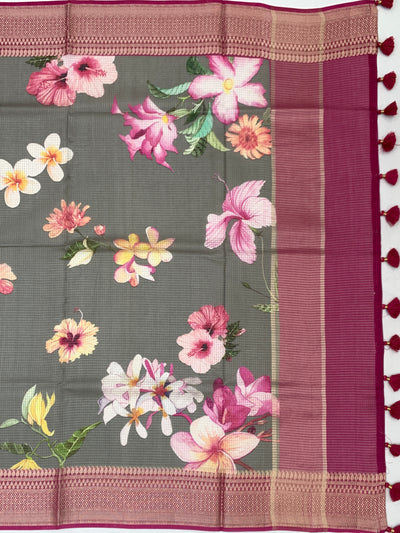 Printed Kota Doria Saree Slate-Grey In Colour