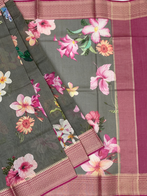 Printed Kota Doria Saree Slate-Grey In Colour