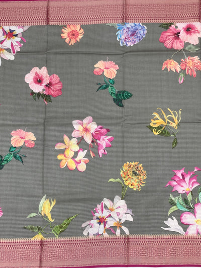 Printed Kota Doria Saree Slate-Grey In Colour