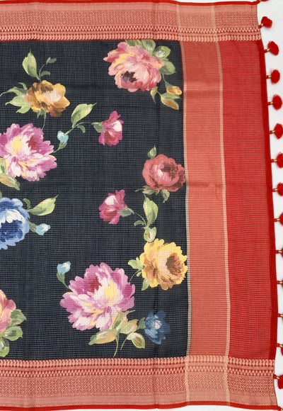 Printed Kota Floral Doria Saree Black In Colour