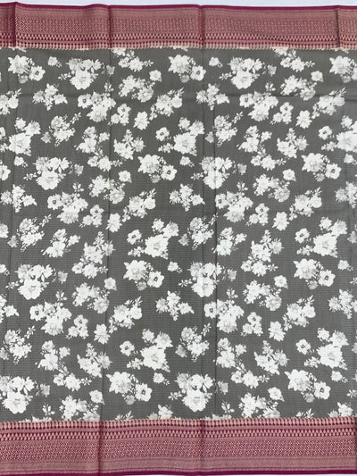 Elegance in Grey: Floral Printed Kota Doria Saree