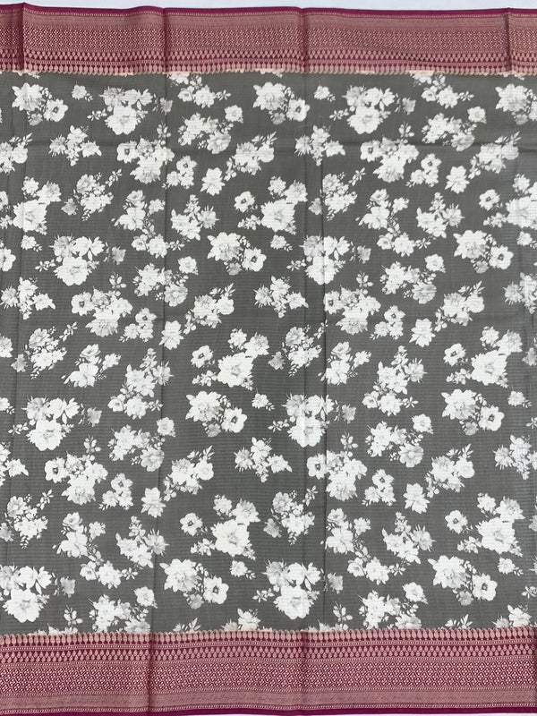 Elegance in Grey: Floral Printed Kota Doria Saree