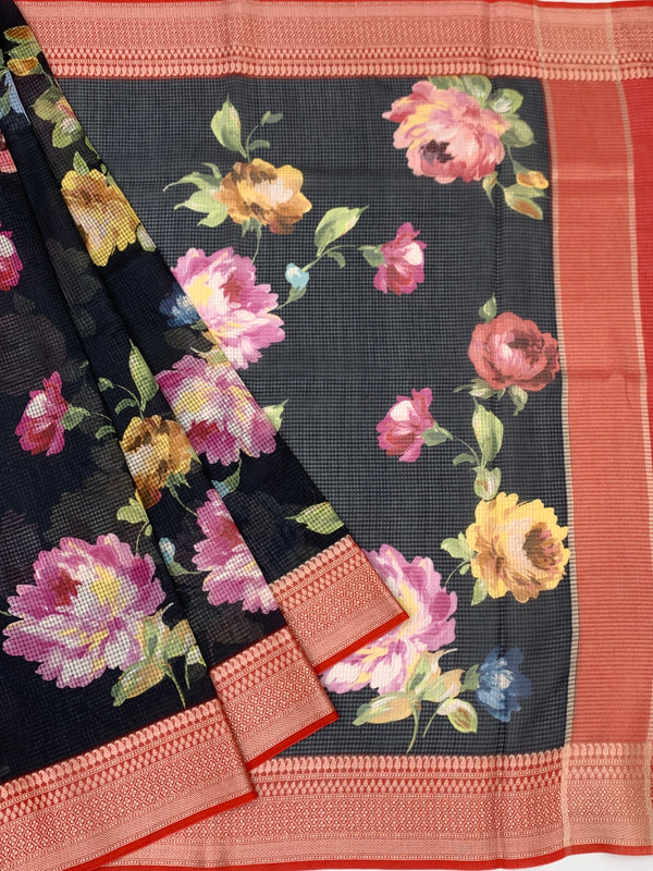 Printed Kota Floral Doria Saree Black In Colour