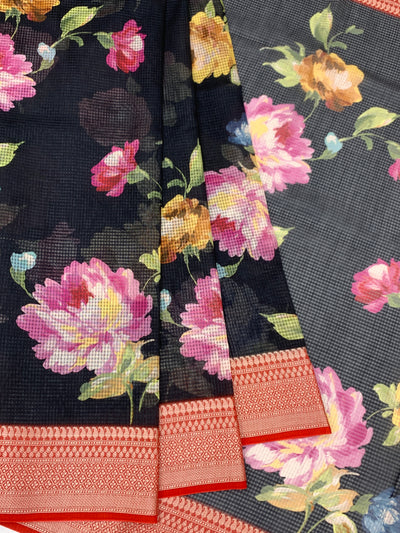 Printed Kota Floral Doria Saree Black In Colour