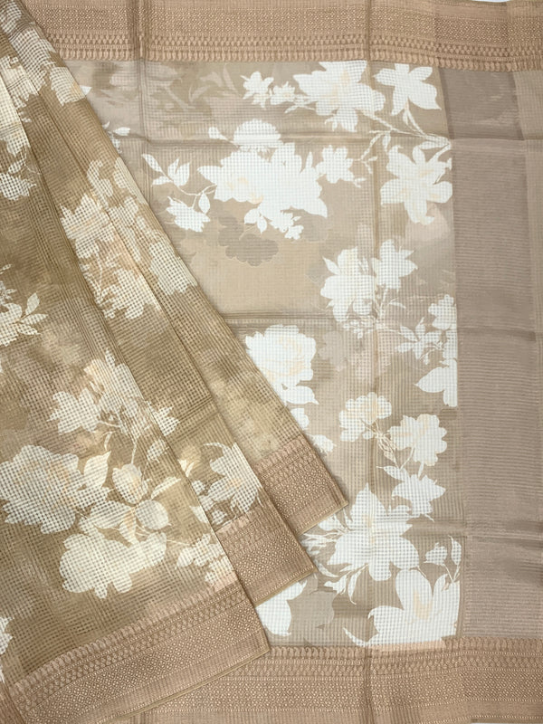 Chiku Floral Printed Kota Doria Saree