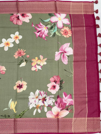 Sage Green Floral Printed Kota Doria Saree