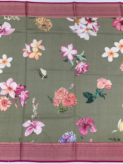 Sage Green Floral Printed Kota Doria Saree
